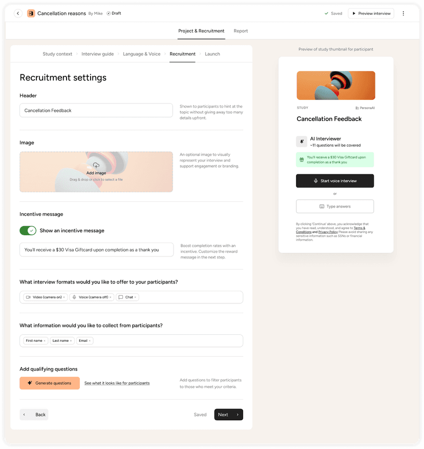 Persona recruitment settings
